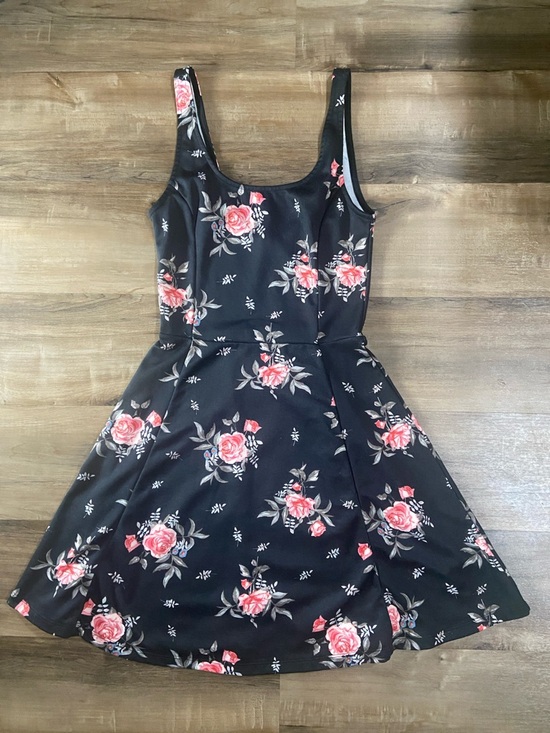 Divided Dresses & Skirts - Black Floral A-Line Dress with Pink Rose Print